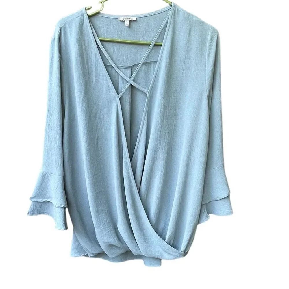 NWT JODIFL size L faux wrap deep V blouson bell sleeves top.